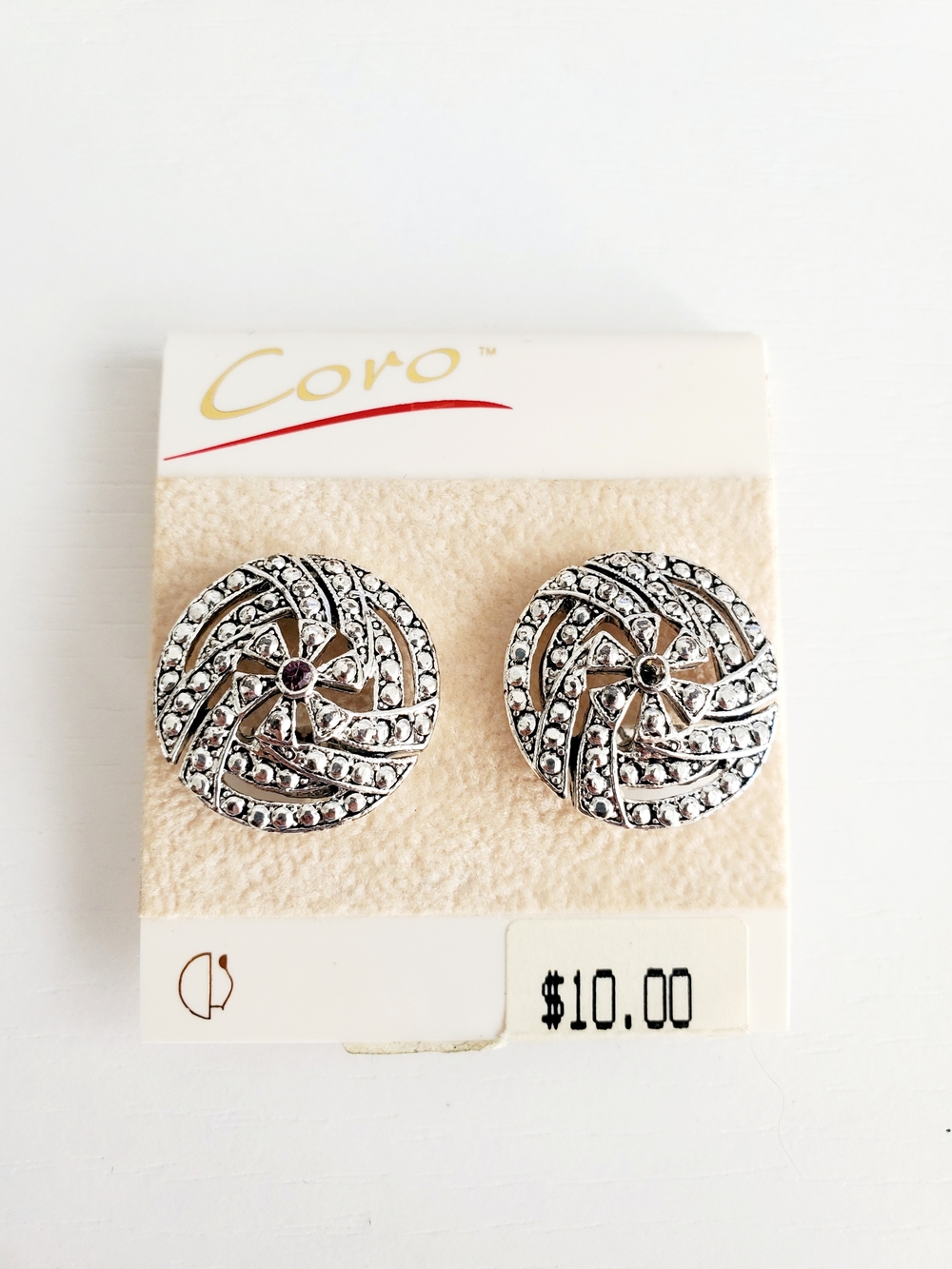 Coro Silver-Tone Pinwheel Crystal Stud Earrings - New Old 1992